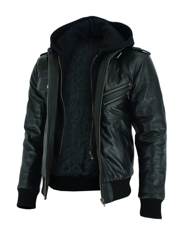 Vance Men's Genuine Leather Jacket made from 100% cowhide leather with detachable hoodie