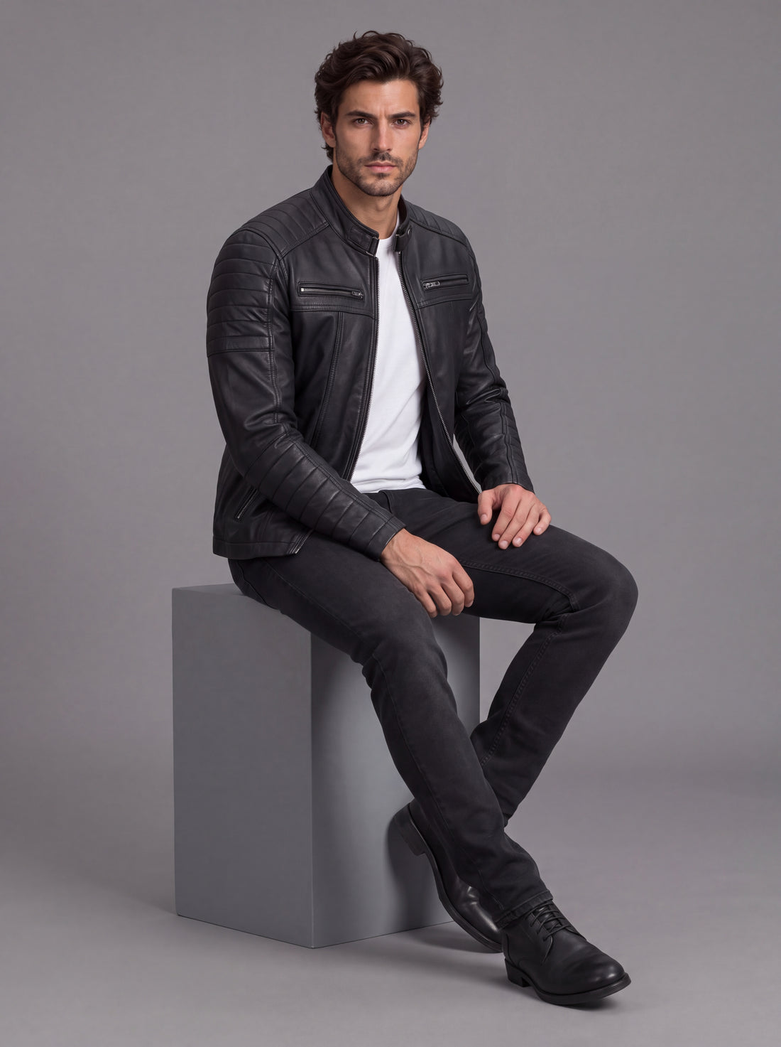 Vance Men's Genuine Leather Biker Jacket made from 100% lambskin leather (Black)