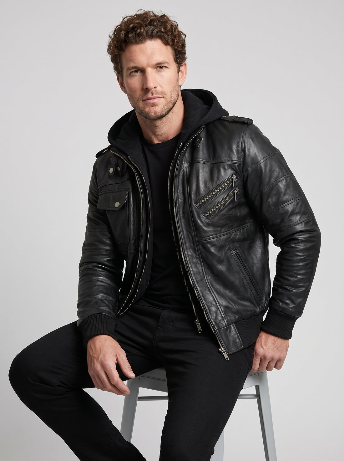 Vance Men's Genuine Leather Jacket made from 100% cowhide leather with detachable hoodie