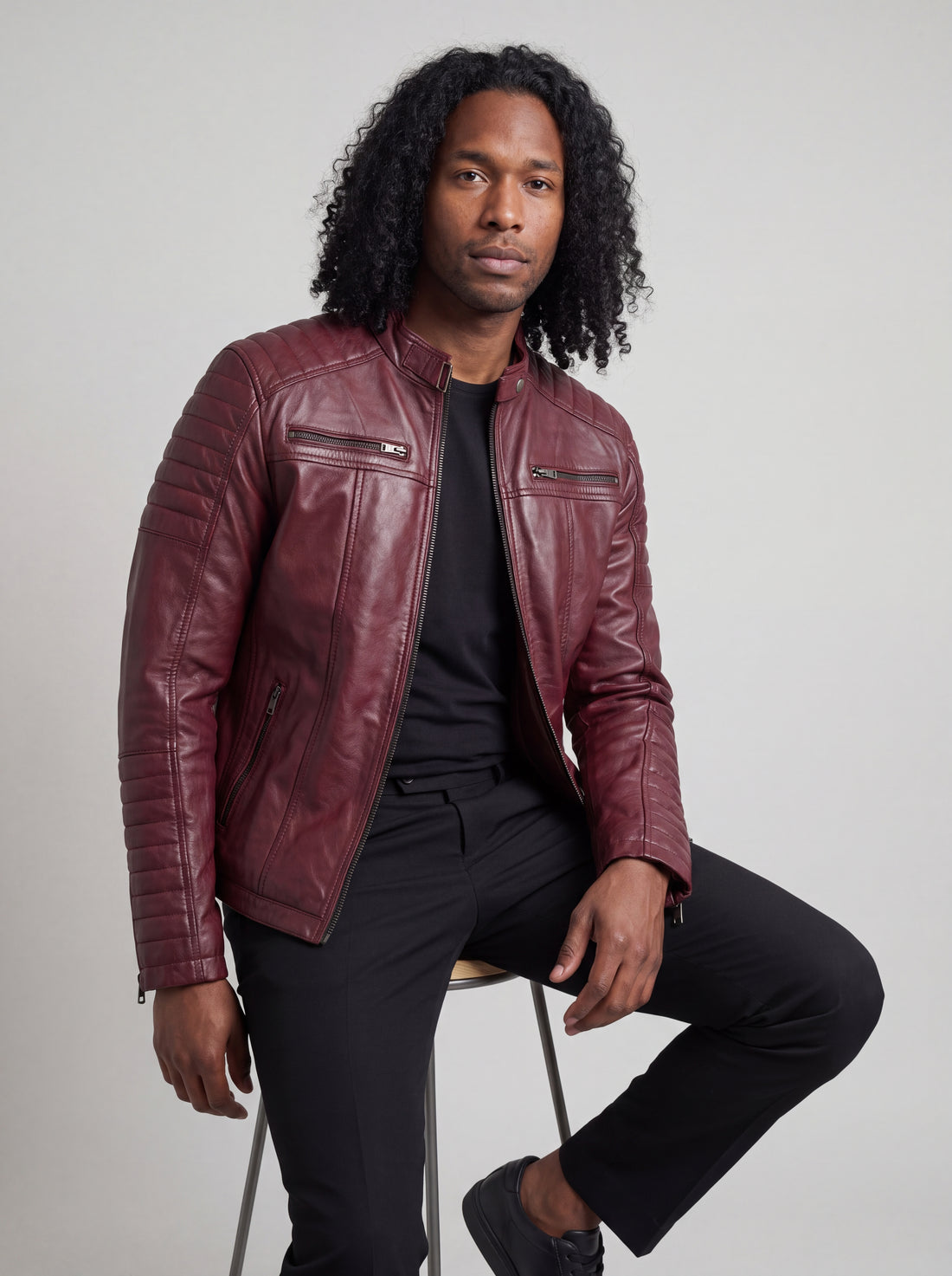 Vance Men's Genuine Leather Biker Jacket made from 100% lambskin leather (Dark Red)
