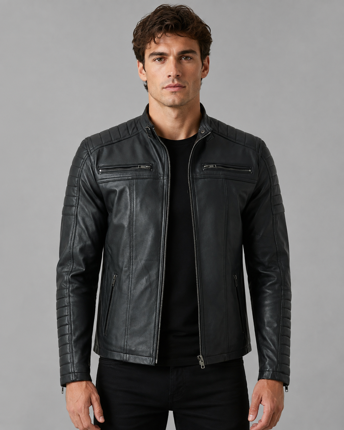 Vance Men's Genuine Leather Biker Jacket made from 100% lambskin leather (Black)
