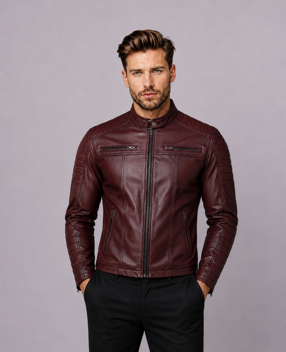 Vance Men's Genuine Leather Biker Jacket made from 100% lambskin leather (Dark Red)