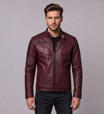 Vance Men's Genuine Leather Biker Jacket made from 100% lambskin leather (Dark Red)