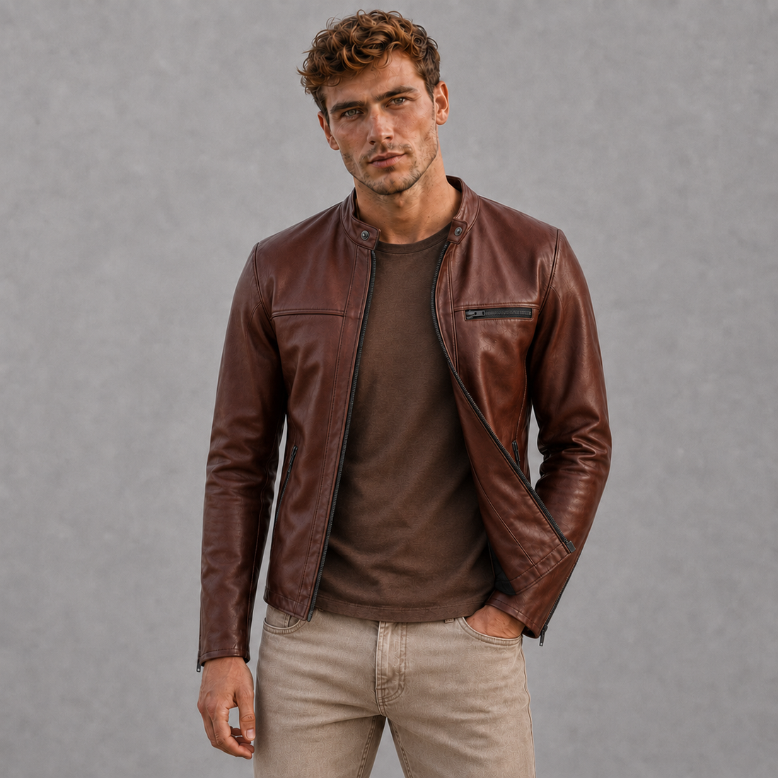 Vance Men's Genuine Leather Jacket made from 100% lambskin leather (Wood Brown)
