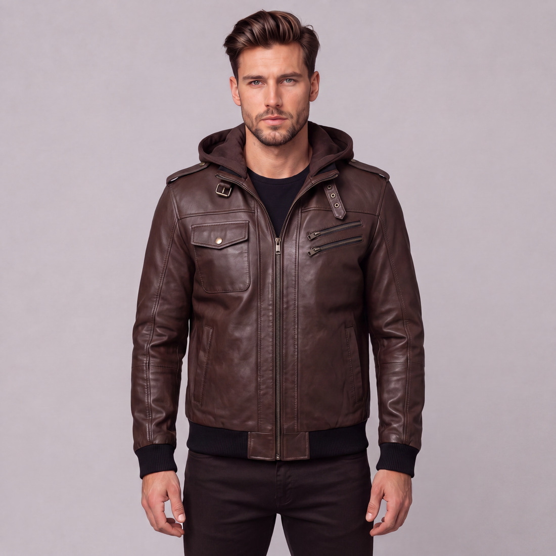 Vance Men's Real Leather Jacket Made of 100% Lambskin Removable Hoodie
