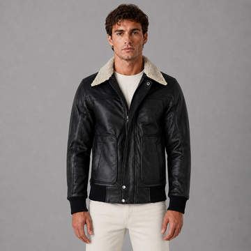 Vance The Leather Company Herren Lederjacke aus 100% Rindsleder – Echtleder Jacke mit abnehmbarem Fellkragen (Schwarz)