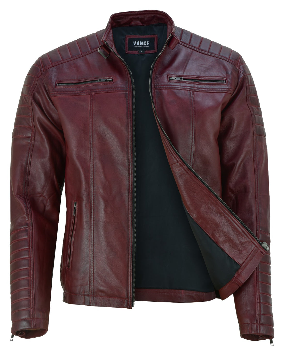 Vance Men's Genuine Leather Biker Jacket made from 100% lambskin leather (Dark Red)