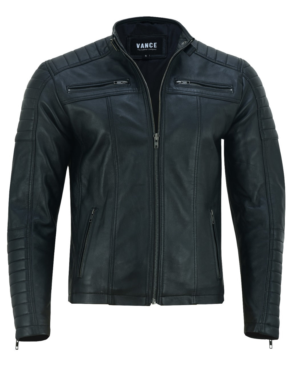 Vance Men's Genuine Leather Biker Jacket made from 100% lambskin leather (Black)